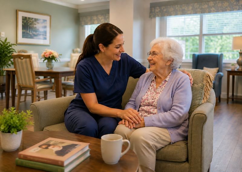 Caring staff with resident at The Waters of Maryville